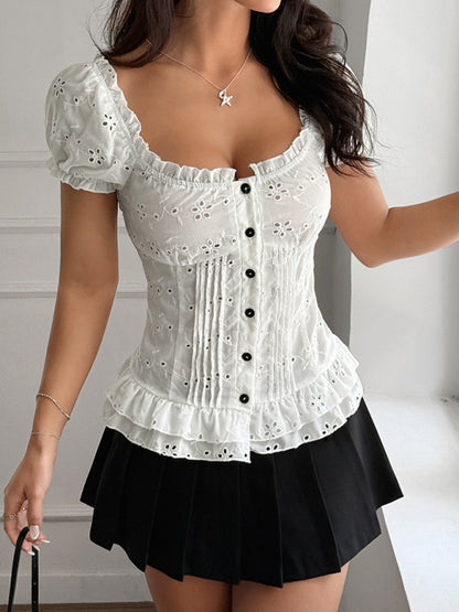 Hollow Short Sleeve T-Shirt - Woven Polyester Spring Summer Top