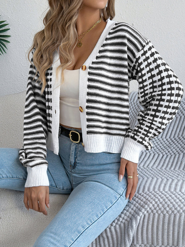Striped Lantern Sleeve Cardigan Sweater - Long Sleeve Knit