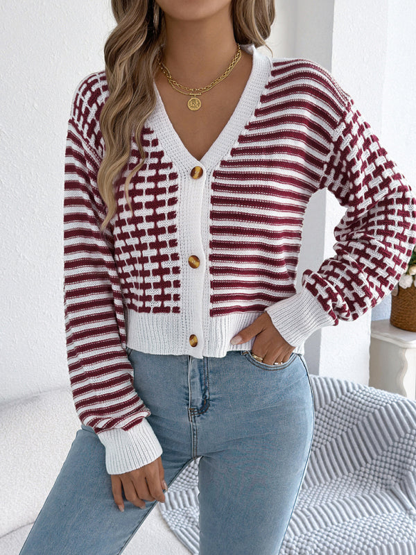 Striped Lantern Sleeve Cardigan Sweater - Long Sleeve Knit