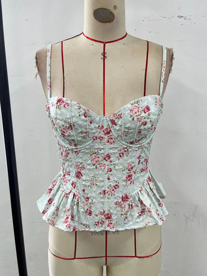 Floral Ruffled Backless Lace-Up Top - Sexy Summer Blouse Mint Green