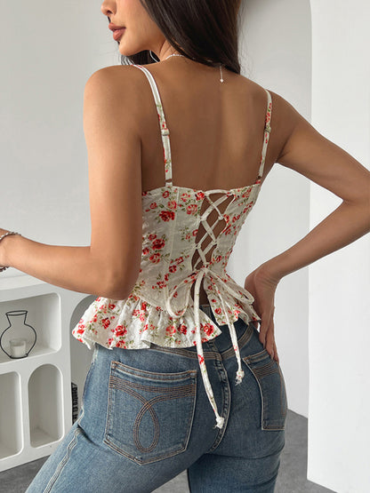 Floral Ruffled Backless Lace-Up Top - Sexy Summer Blouse