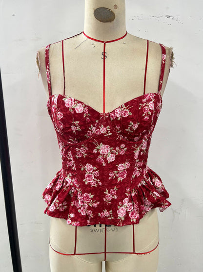 Floral Ruffled Backless Lace-Up Top - Sexy Summer Blouse Red