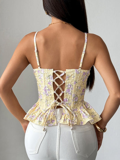 Floral Ruffled Backless Lace-Up Top - Lightweight Summer Blouse
