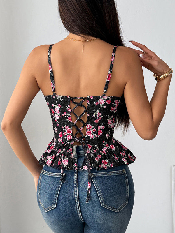 Women's Floral Ruffled Backless Top - Lace-Up Crop Top