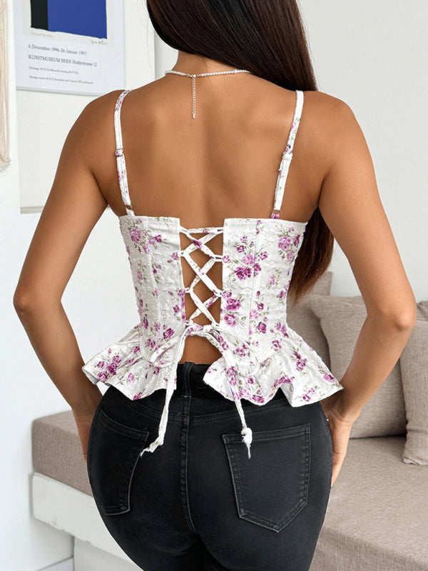 Purple Floral Ruffled Backless Top - Lace-Up Irregular Design