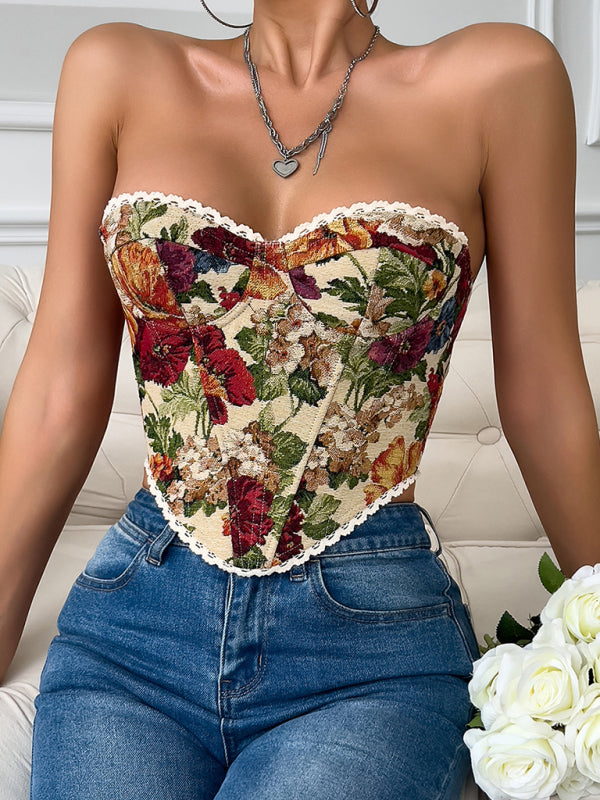 Floral Print Lace Chest Wrap Vest - French Style Fishbone Design Pattern
