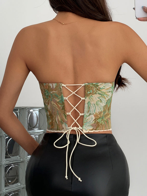 Floral Print Herringbone Vest - Lace-Up Retro Top