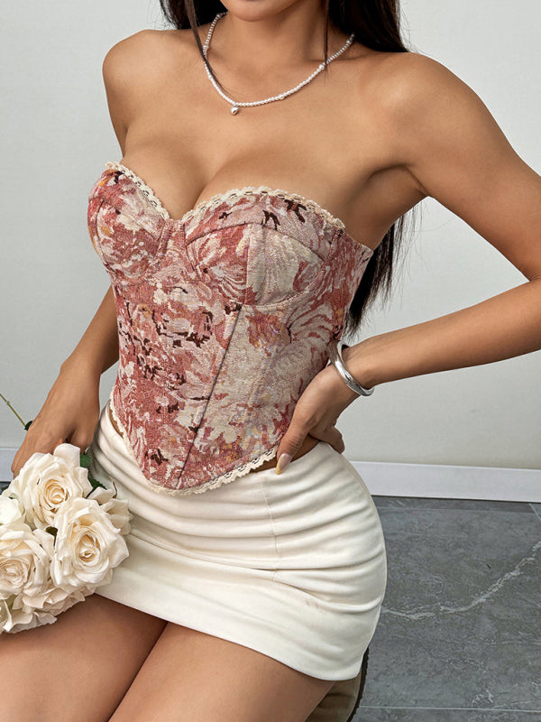 Pink Floral Print Lace-Up Fishbone Vest - Retro Street Style Pink