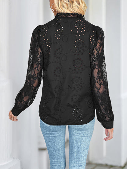 Lace Patchwork Shirt - Long Sleeve Solid Color Top
