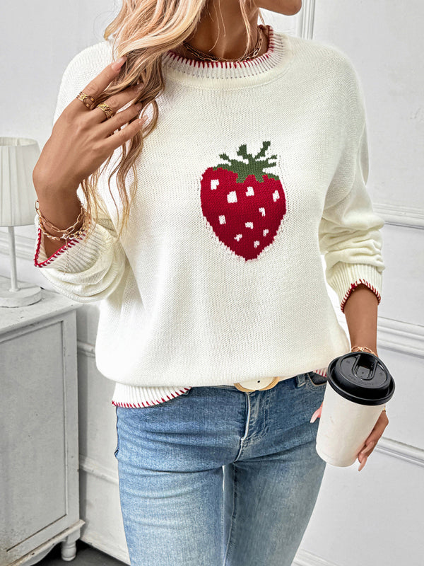 Acrylic Crew Neck Sweater - Strawberry Jacquard Knit Pullover for Women