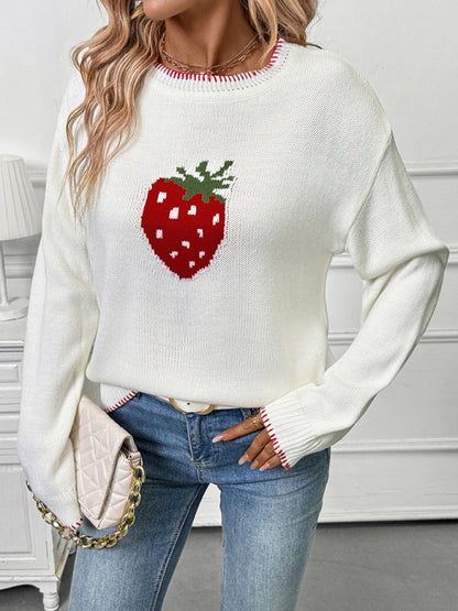 Acrylic Crew Neck Sweater - Strawberry Jacquard Knit Pullover for Women Cream