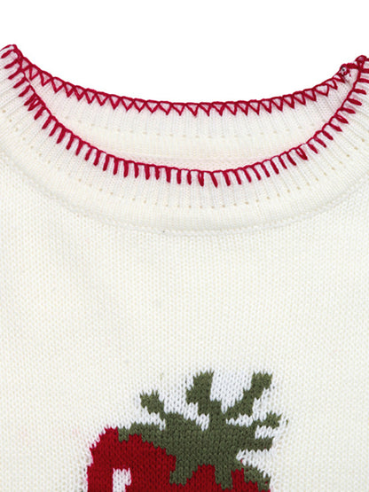 Acrylic Crew Neck Sweater - Strawberry Jacquard Knit Pullover for Women