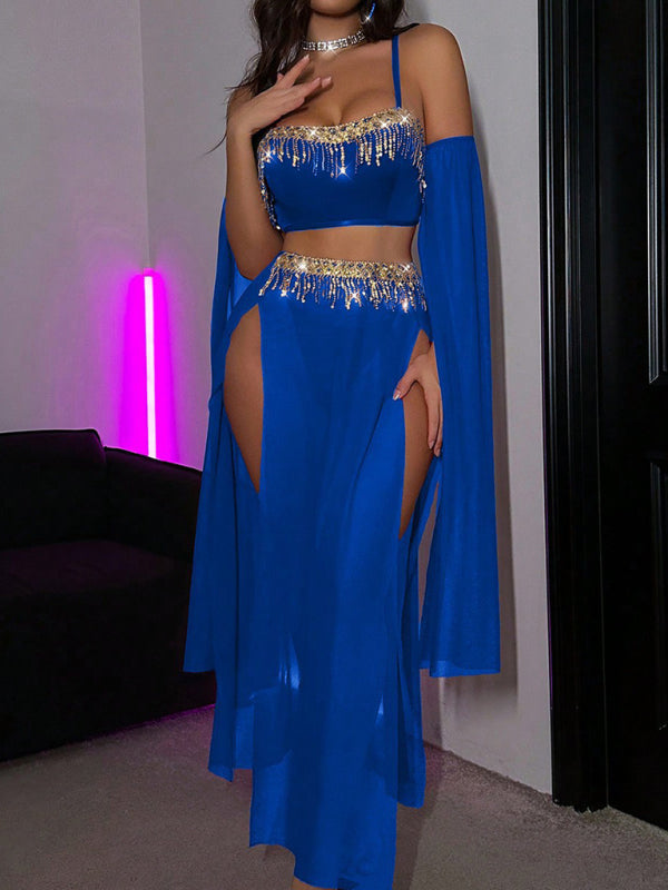 Sexy tassel pole dance fun suit belly dance sequin lace hot set Blue