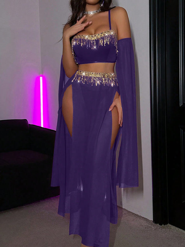 Sexy tassel pole dance fun suit belly dance sequin lace hot set Purple