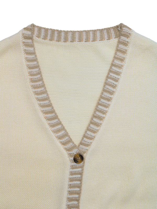 Contrast Color Sleeveless Cardigan Knitted Vest