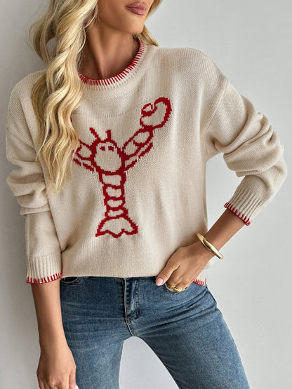 Contrast Animal Print Crewneck Sweater Cracker khaki