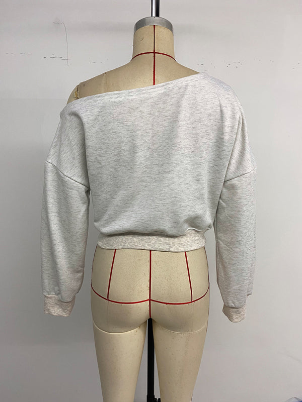 Letter Printed Hot Girl Slant Collar Cropped Navel-Exposed Sweatshirt