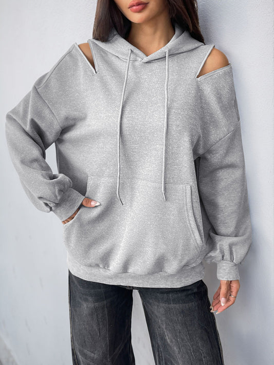 Long Sleeve Off-Shoulder Hooded Pullover Sweatshirt Misty grey