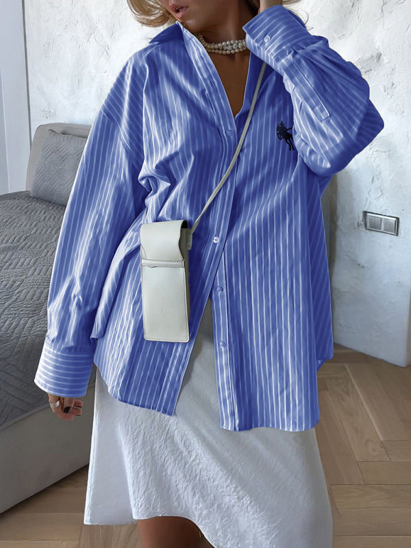 Holiday Button Stripe Long Sleeve Shirt Denim Blue