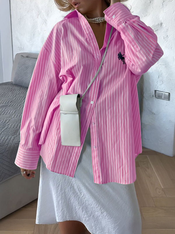 Holiday Button Stripe Long Sleeve Shirt Pink