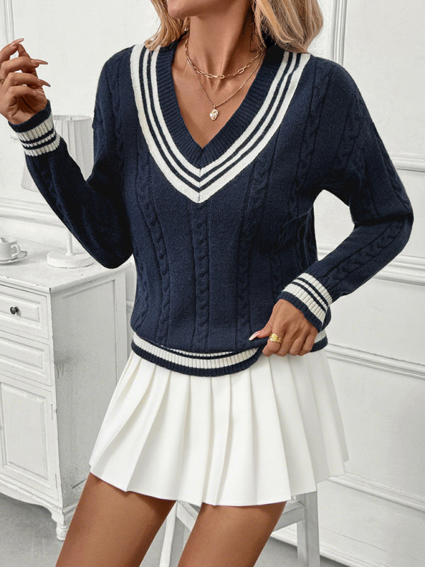 New V-neck cable knit sweater college style contrast color pullover sweater
