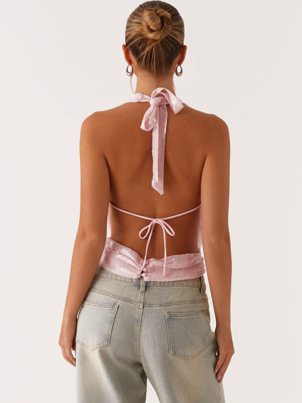 Women's Sequined Halter Neck Backless Lace-Up Top Sexy Camisole