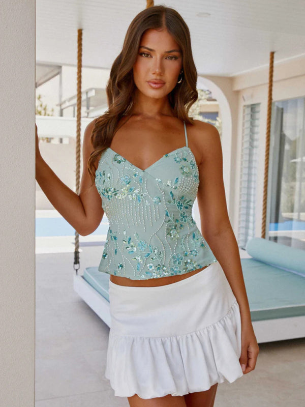 Embroidered Sequined Vest Sexy Hot Girls Suspender Top Mint Green