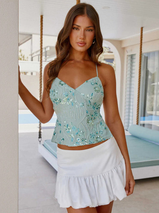 Embroidered Sequined Vest Sexy Hot Girls Suspender Top Mint Green