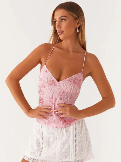 Embroidered Sequined Vest Sexy Hot Girls Suspender Top Pink