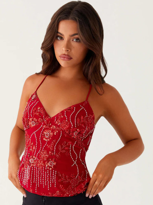 Embroidered Sequined Vest Sexy Hot Girls Suspender Top