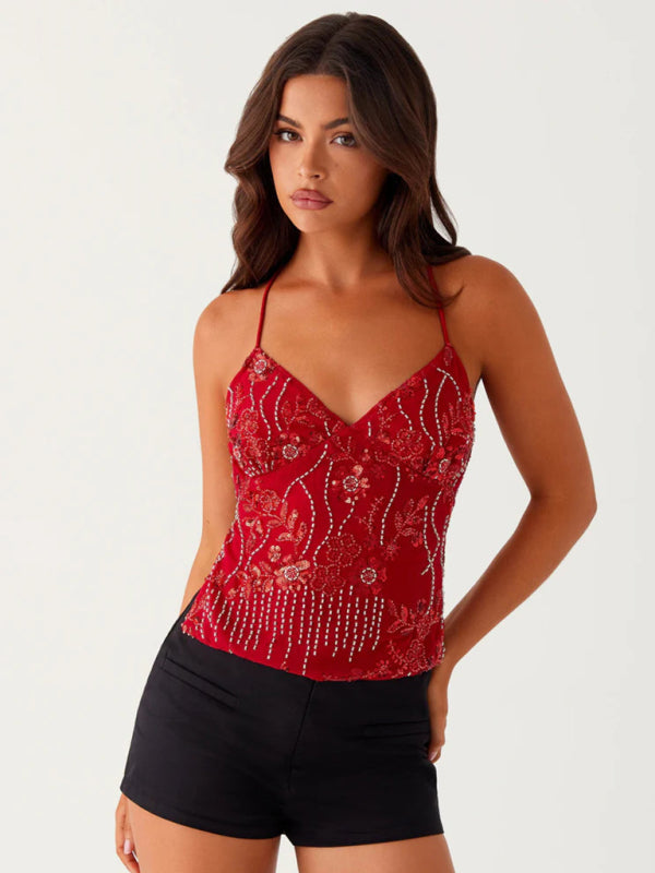 Embroidered Sequined Vest Sexy Hot Girls Suspender Top Red