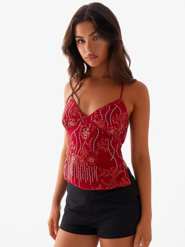 Embroidered Sequined Vest Sexy Hot Girls Suspender Top