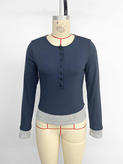 Casual round neck slim fit colorblock fake two-piece long-sleeved top