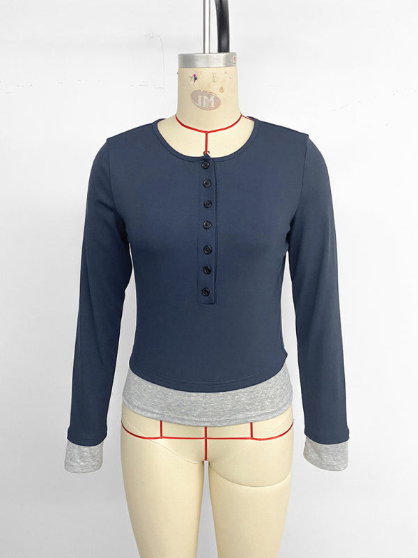 Casual round neck slim fit colorblock fake two-piece long-sleeved top
