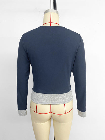 Casual round neck slim fit colorblock fake two-piece long-sleeved top