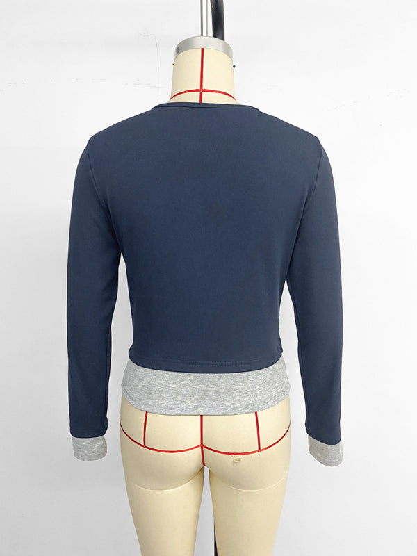 Casual round neck slim fit colorblock fake two-piece long-sleeved top