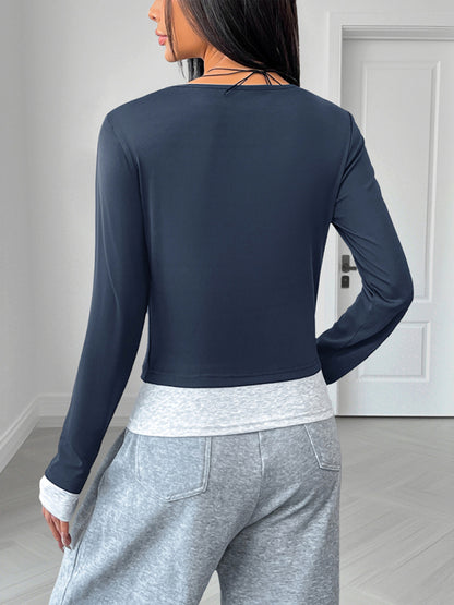 Casual round neck slim fit colorblock fake two-piece long-sleeved top