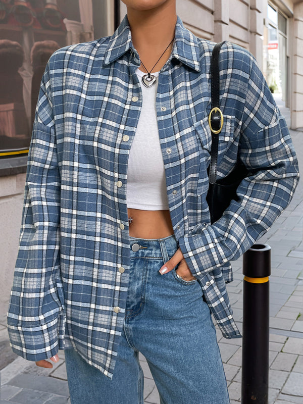 Classic plaid thin shirt jacket women's loose casual versatile cardigan shirt Blue