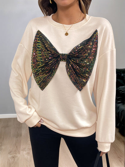 Sequined Bow Crew Neck Pullover Sweatshirt