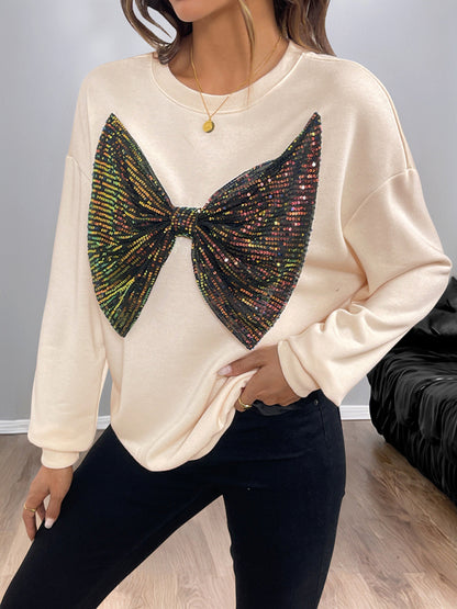 Sequined Bow Crew Neck Pullover Sweatshirt Cracker khaki
