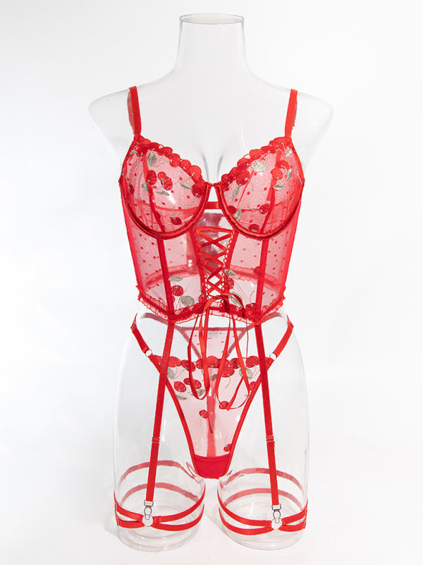 Red flower embroidered sexy lingerie gathered comfortable tie rope two-piece set