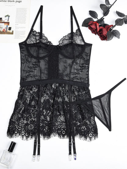 Thin lace see-through nightgown with irregular hem sexy erotic set