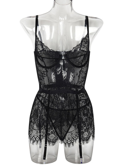 Thin lace see-through nightgown with irregular hem sexy erotic set