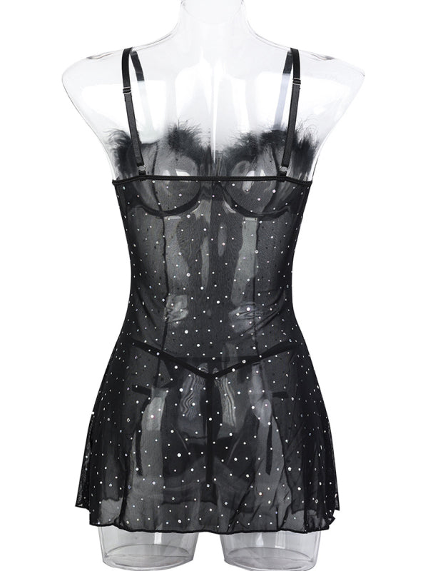 Sexy hot diamond feather splicing see-through elastic mesh slit dress two-piece set