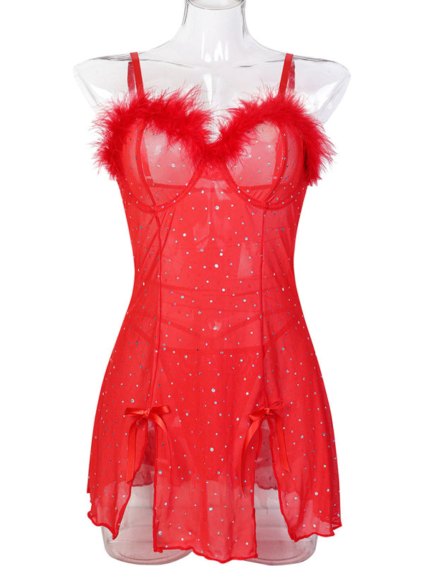 Sexy hot diamond feather splicing see-through elastic mesh slit dress two-piece set