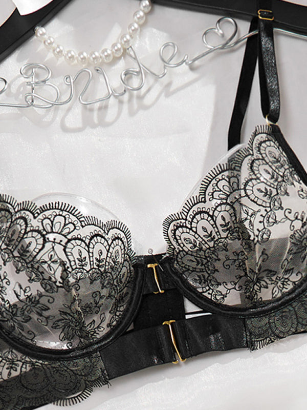 See-through embroidered lace sexy lingerie four-piece set