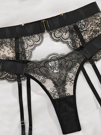 See-through embroidered lace sexy lingerie four-piece set