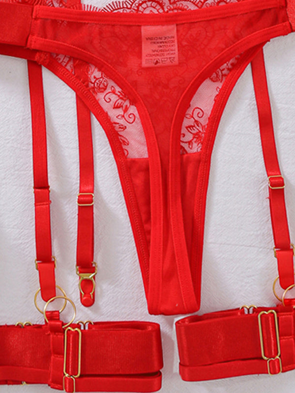 See-through embroidered lace sexy lingerie four-piece set