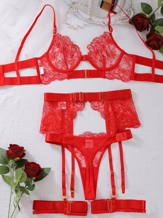 See-through embroidered lace sexy lingerie four-piece set Red