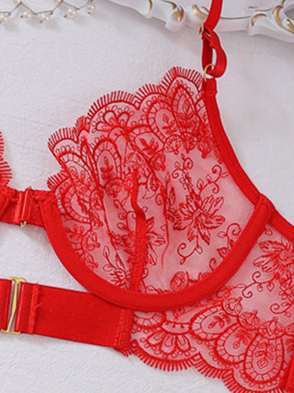 See-through embroidered lace sexy lingerie four-piece set